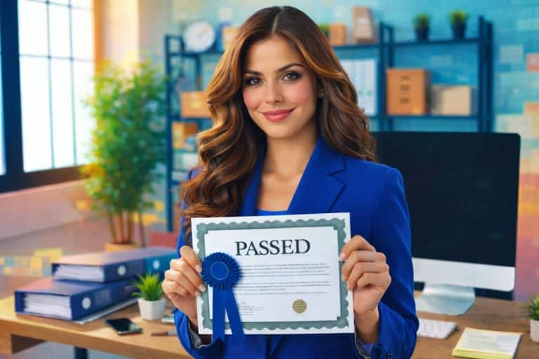 Elga Lejarza holding a certificate promoting the 6-week HR Certification Exam Prep Boot Camp for PHR, SPHR, SHRM-CP, and SHRM-SCP