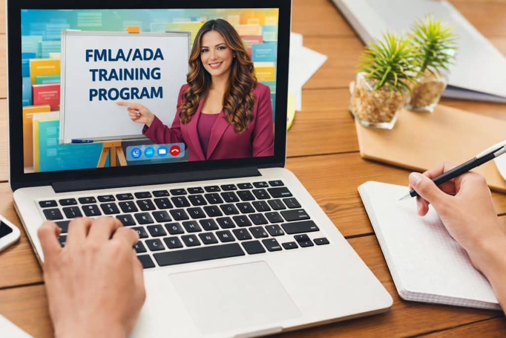Elga Lejarza presenting an FMLA and ADA training program during a live virtual HR compliance certificate course